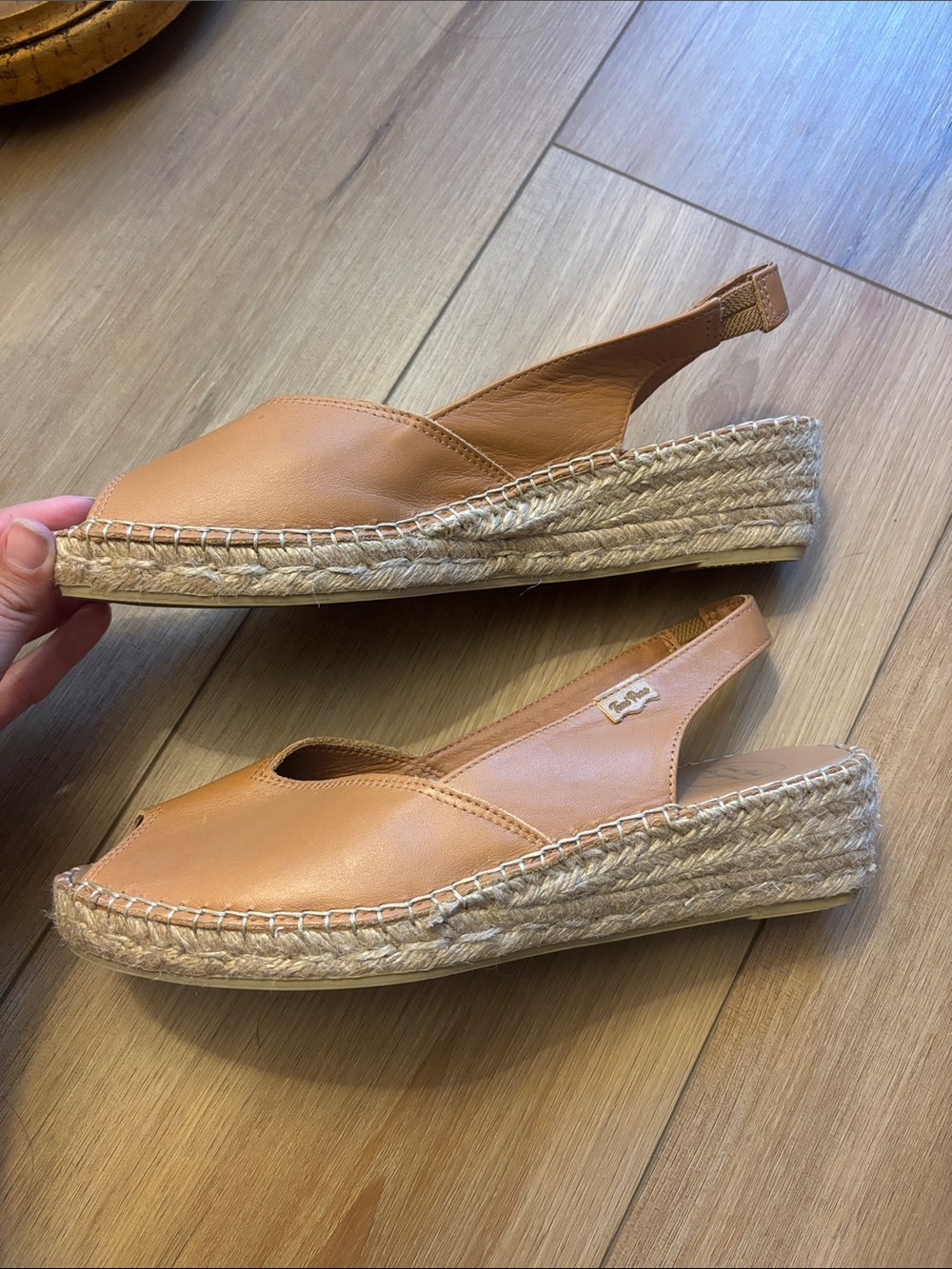 MADE IN SPAIN - Leather Slingback Espadrille Peep-Toe Flats — Tan - Picture 4 of 9